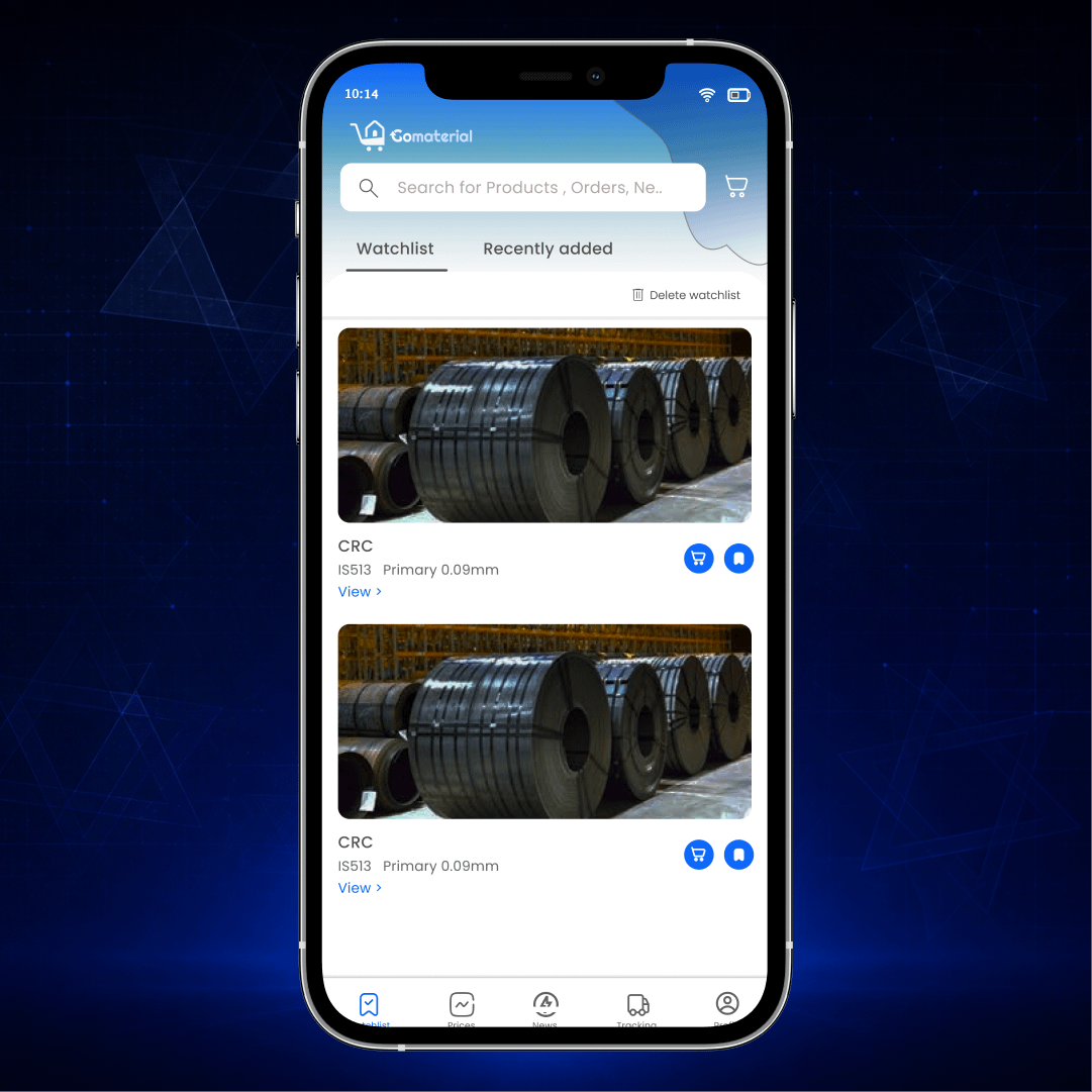 Go Material app screen built by AY Technologies, an example of construction procurement software for the Indian market