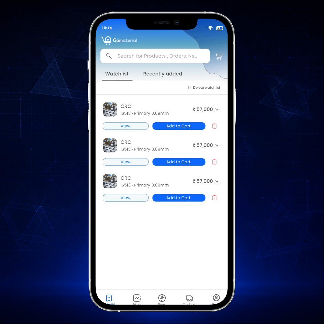 Go Material app screen from a construction materials marketplace built by AY Technologies for buying cement, steel and other building materials in India