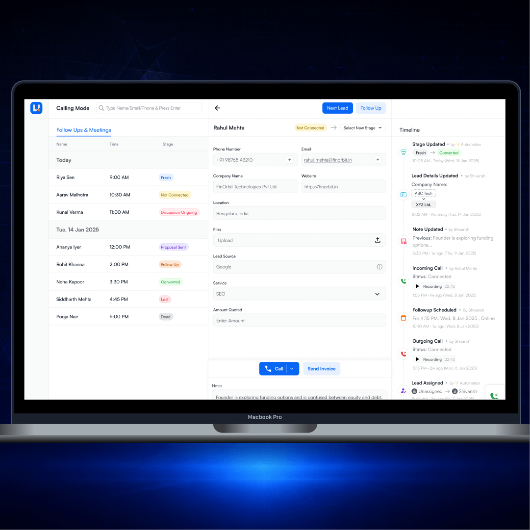 UNA-CRM lead detail screen with follow-up list, call logging and activity timeline, the kind of modules that set CRM development cost in India