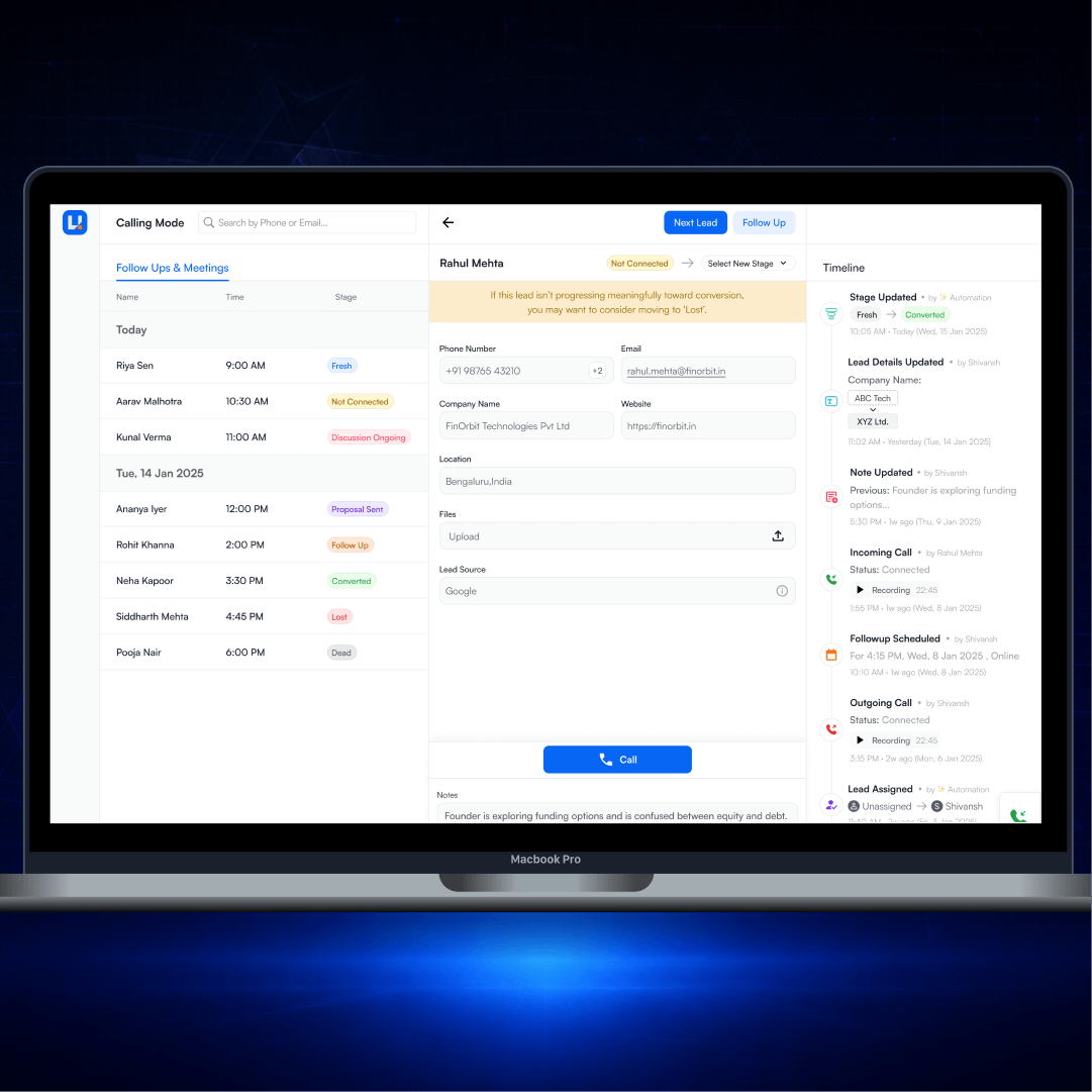 UNA-CRM calling mode screen with follow up list, lead timeline and one tap call button, a CRM user adoption design by AY Technologies