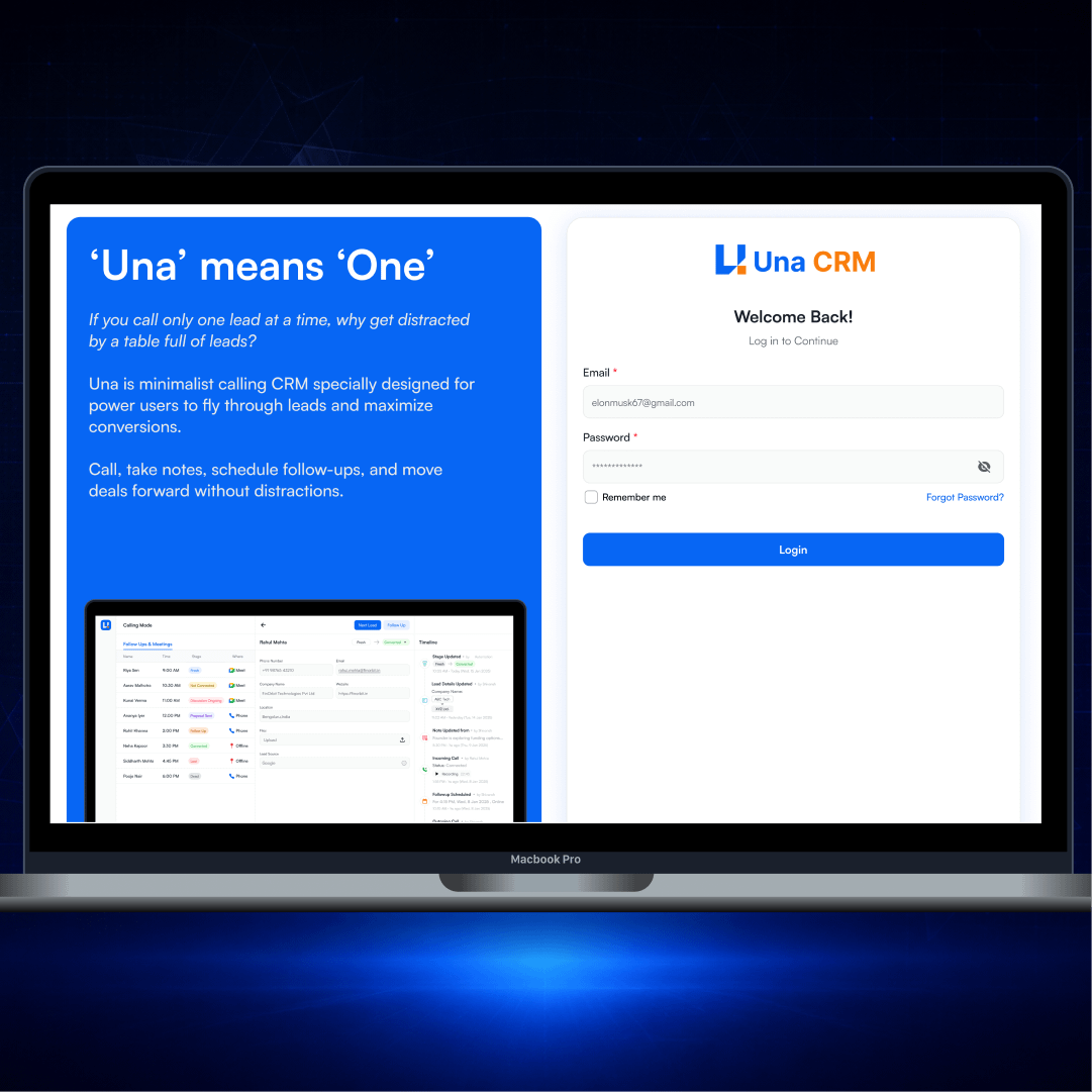 UNA-CRM custom CRM dashboard built by AY Technologies, the example project used in this staff augmentation vs fixed price cost comparison
