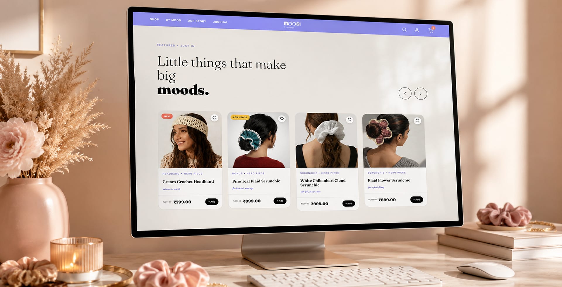 Moosie hair accessories storefront on a desktop screen, an Indian D2C catalogue of the kind behind a Shopify vs custom build decision